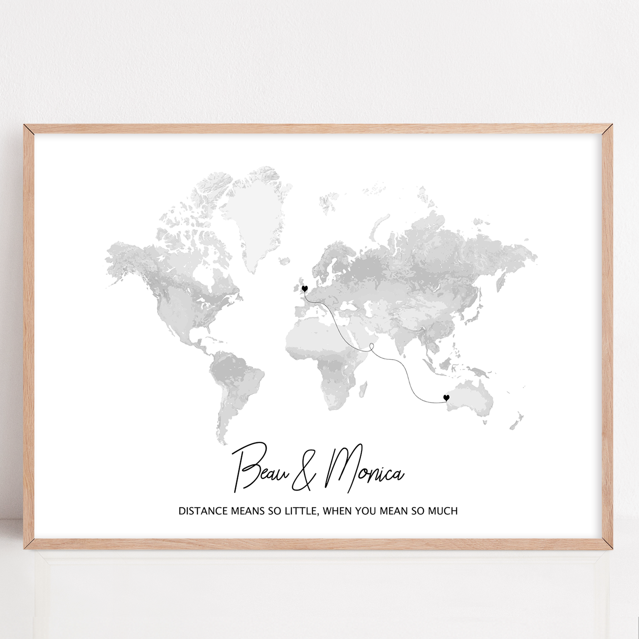 long distance custom gift framed map print with names and two locations for long distance relationship
