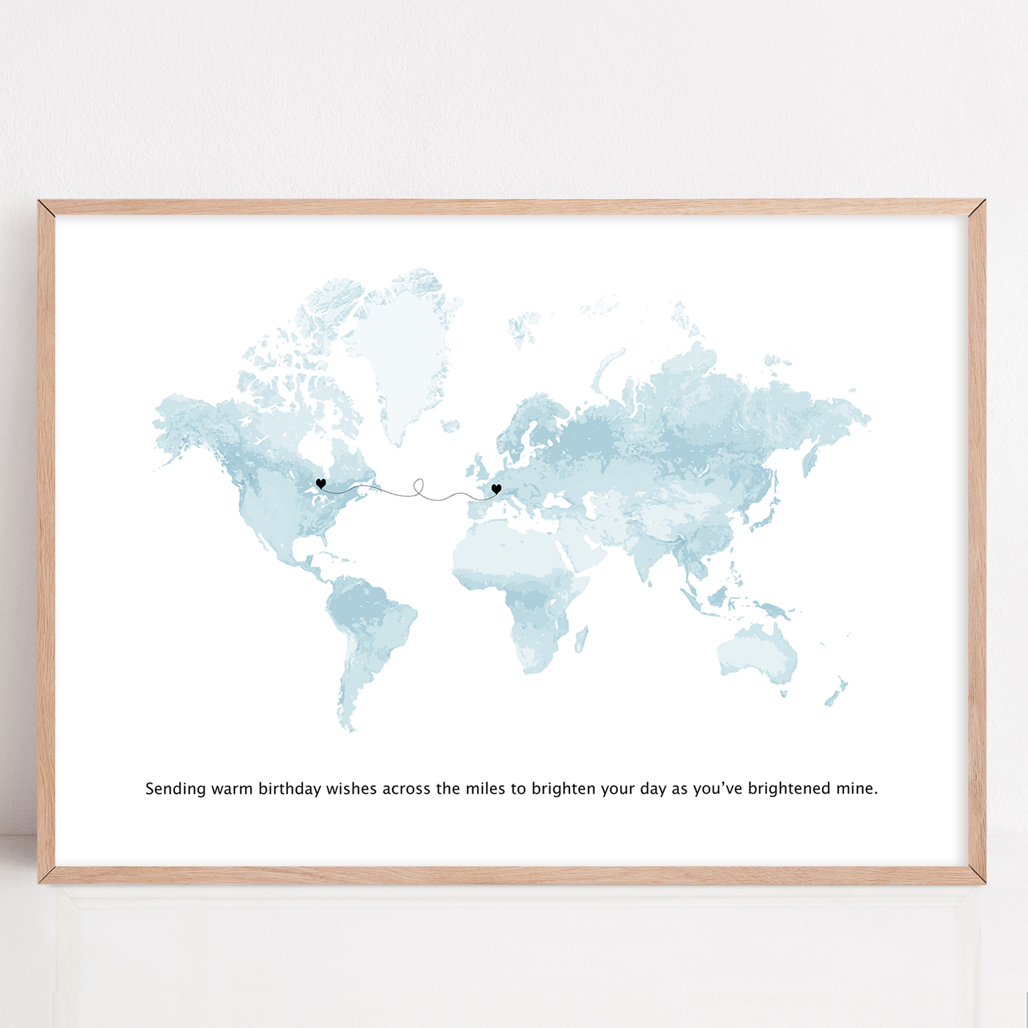 long distance friend gift framed with custom locations and quote  "sending birthday wishes across the miles to brighten your day as you've brightened mine"