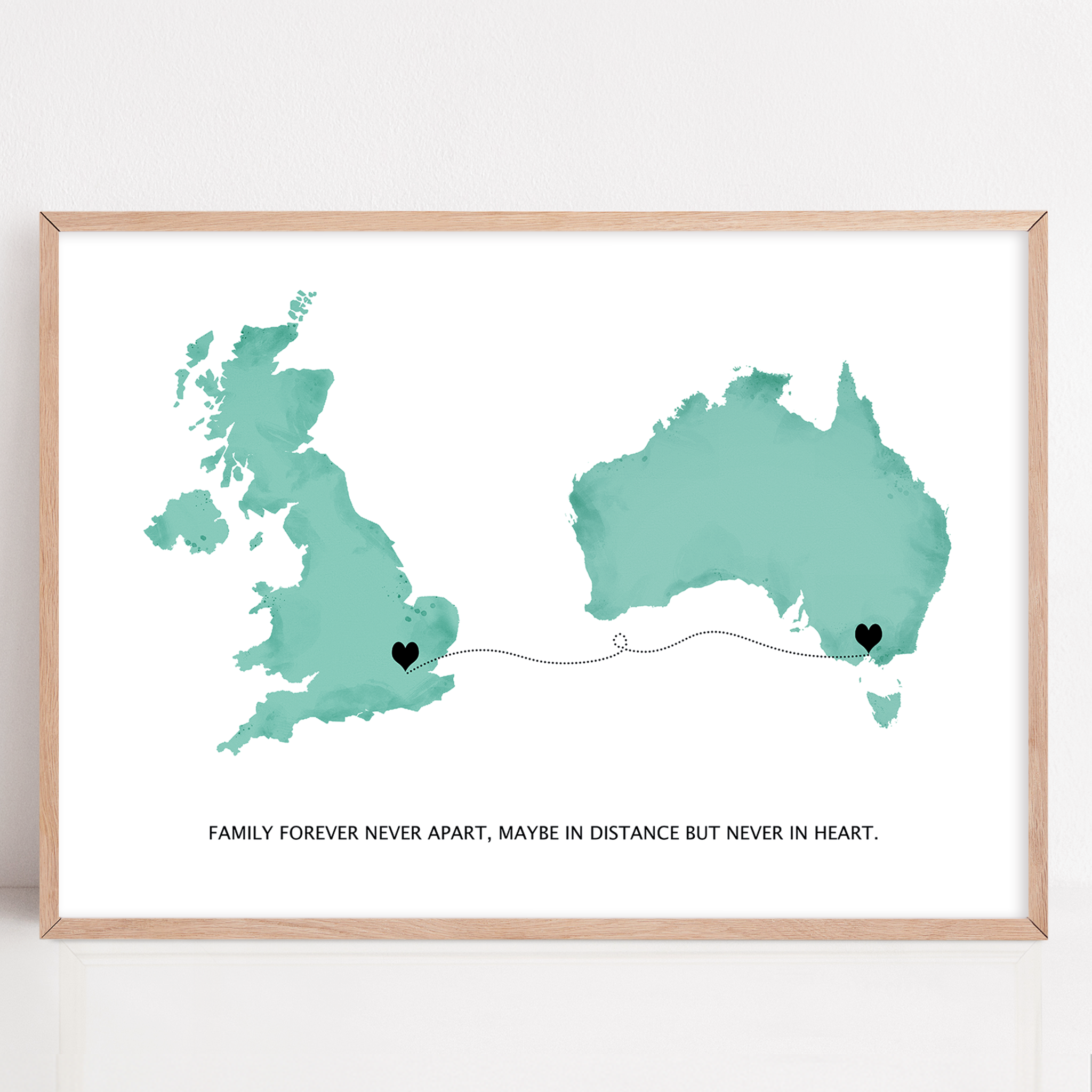 Long Distance Family Gift framed print London to Australia, Long Distance Map Print, Maybe in distance, never in heart quote