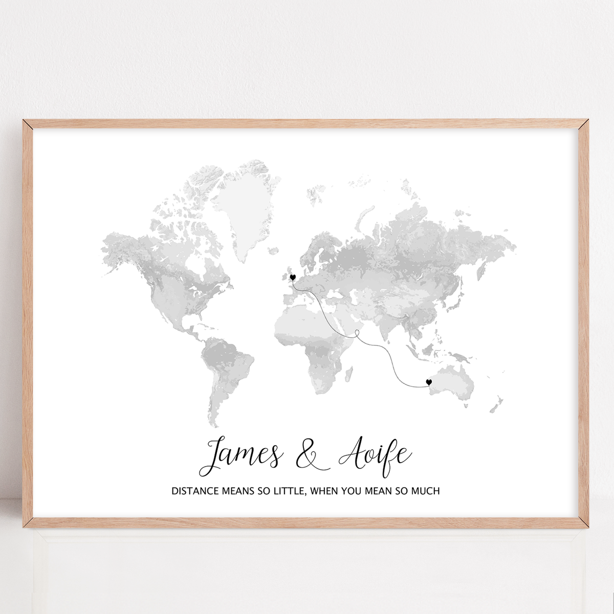 long distance friend gift framed with custom locations and quote "true friends are never apart, maybe in distance, but never in heart." 