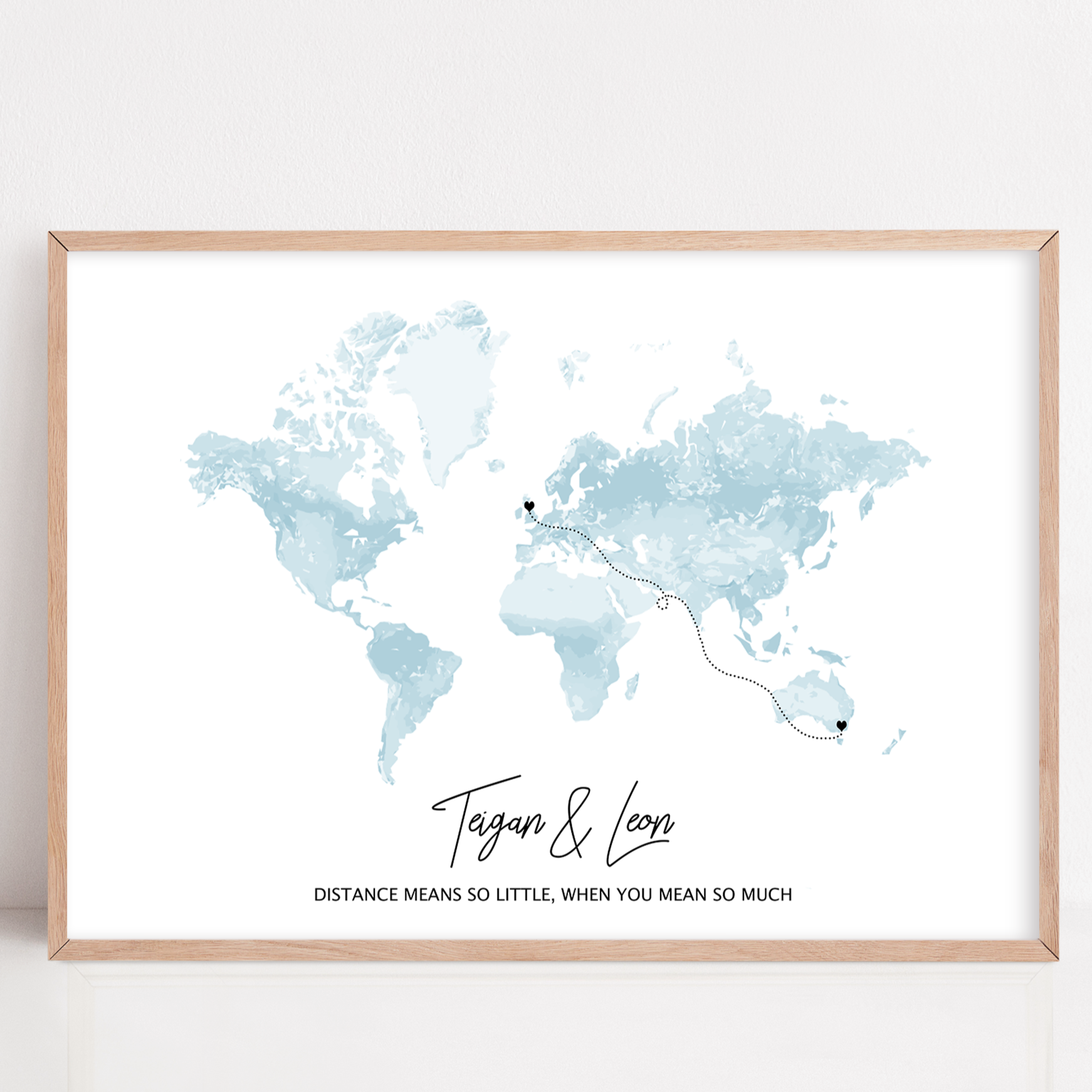 long distance custom gift framed map print with names and two locations for long distance relationship