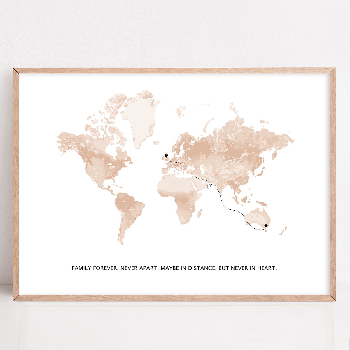 long distance friend gift framed with custom locations and quote "true friends are never apart, maybe in distance, but never in heart." 