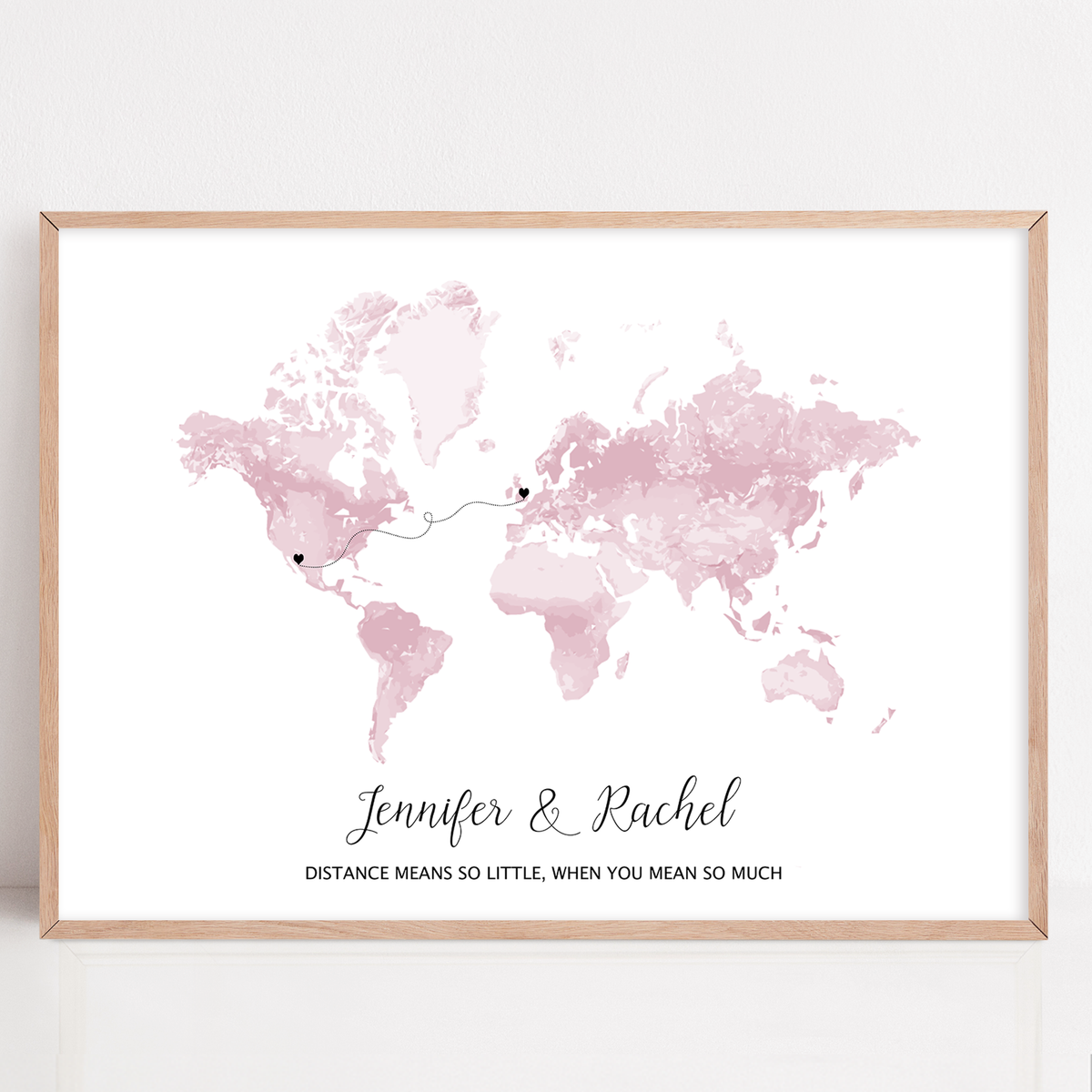 long distance friend gift framed with custom locations and quote "true friends are never apart, maybe in distance, but never in heart." 