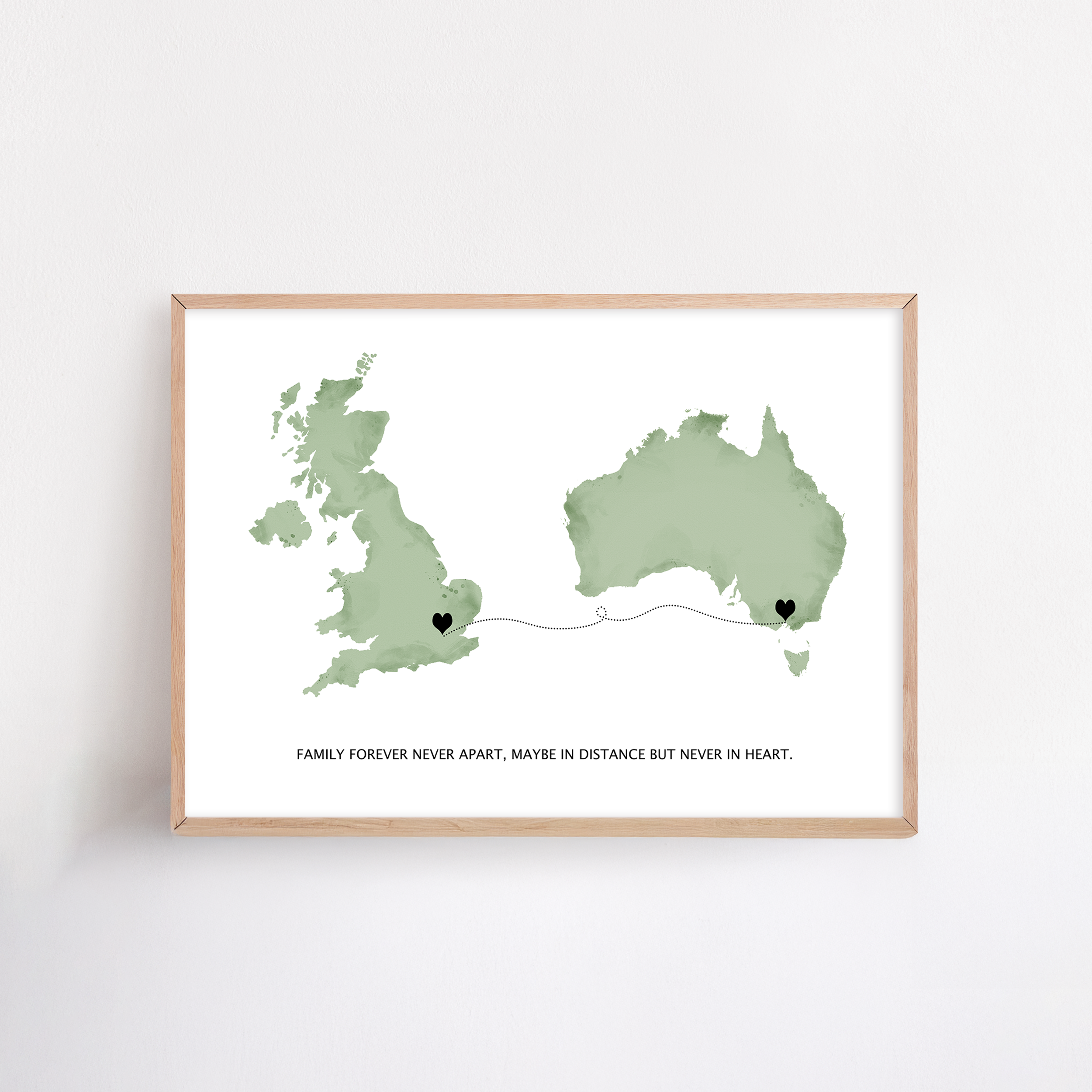 Long Distance Family Gift framed print London to Australia, Long Distance Map Print, Maybe in distance, never in heart quote