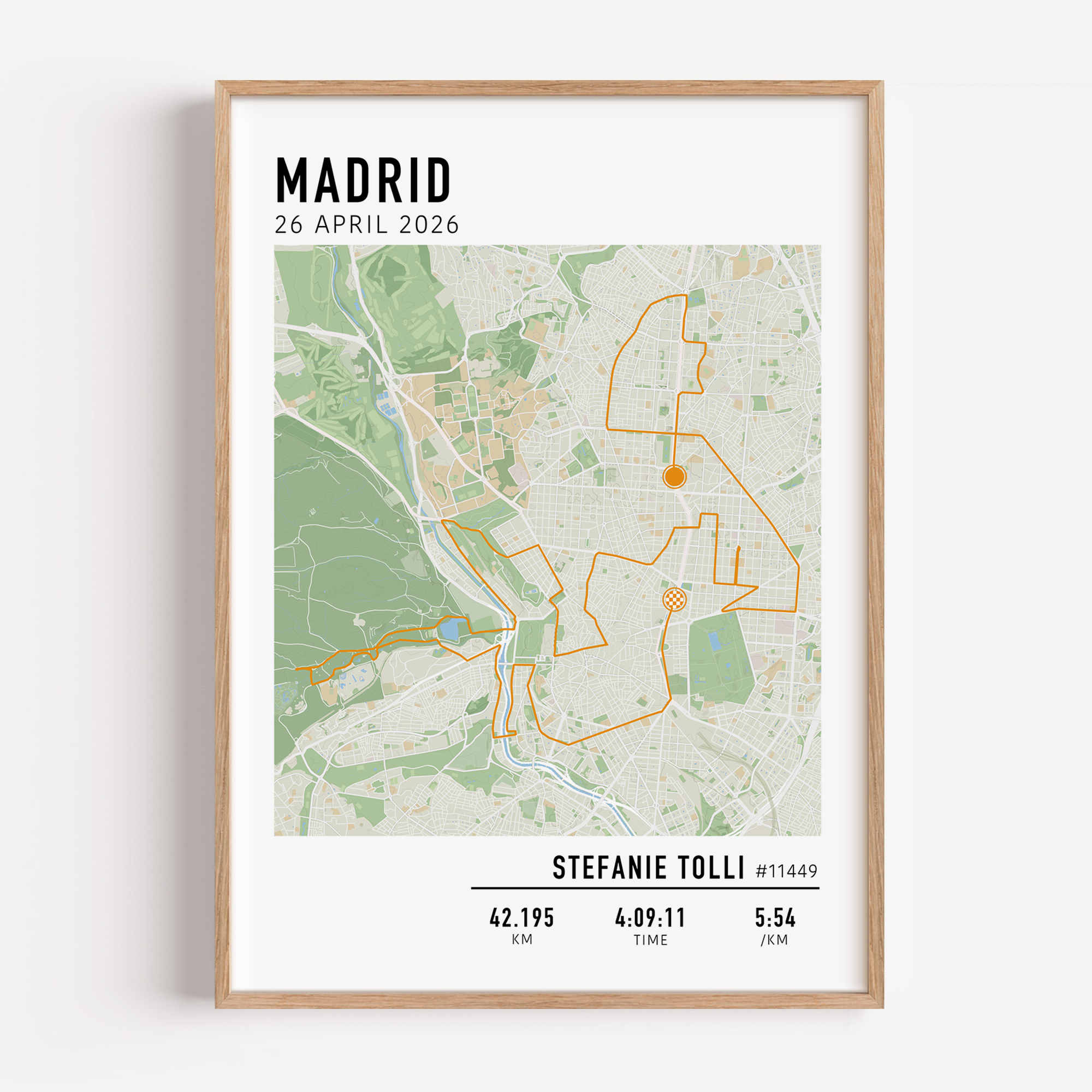 Classic Madrid Marathon route map print featuring personalised race stats including distance, time and pace in a minimalist design.