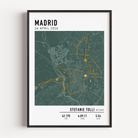 Framed Madrid Marathon route artwork in a modern classic style showing the race course and personalised performance stats.