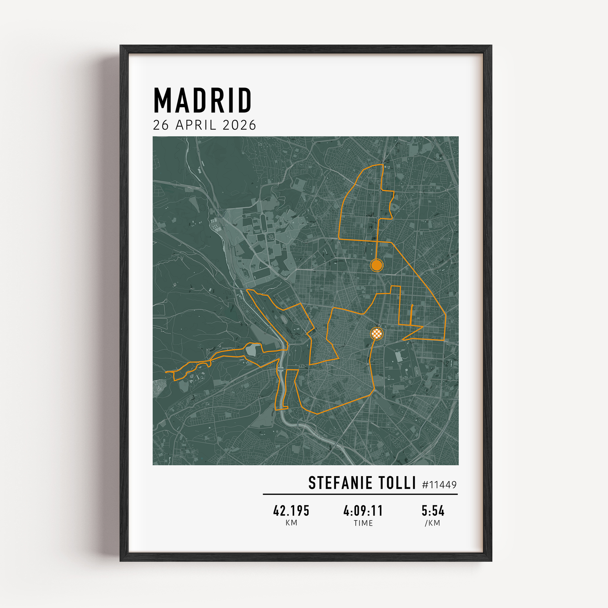 Framed Madrid Marathon route artwork in a modern classic style showing the race course and personalised performance stats.