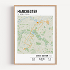 Custom Manchester Marathon route map poster featuring a personalised GPX track and runner statistics on a minimalist white background.