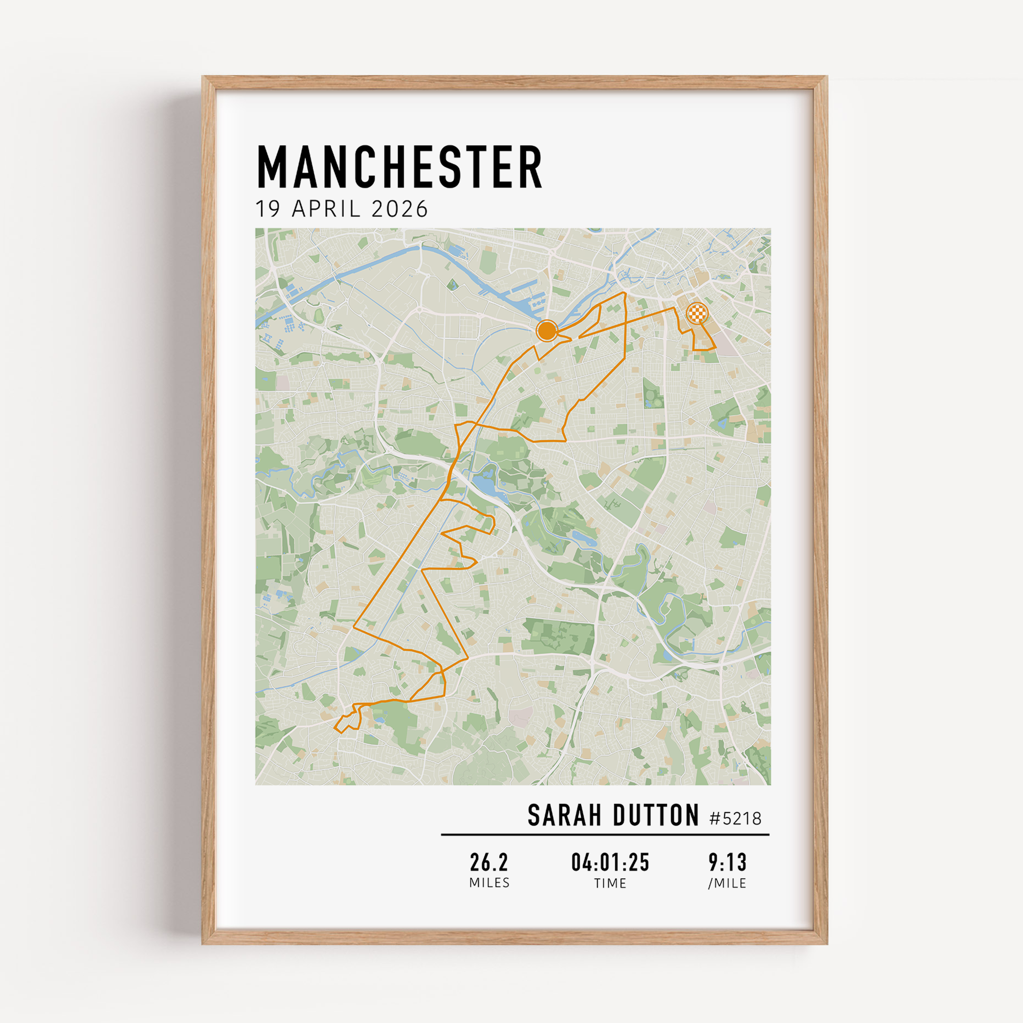 Custom Manchester Marathon route map poster featuring a personalised GPX track and runner statistics on a minimalist white background.