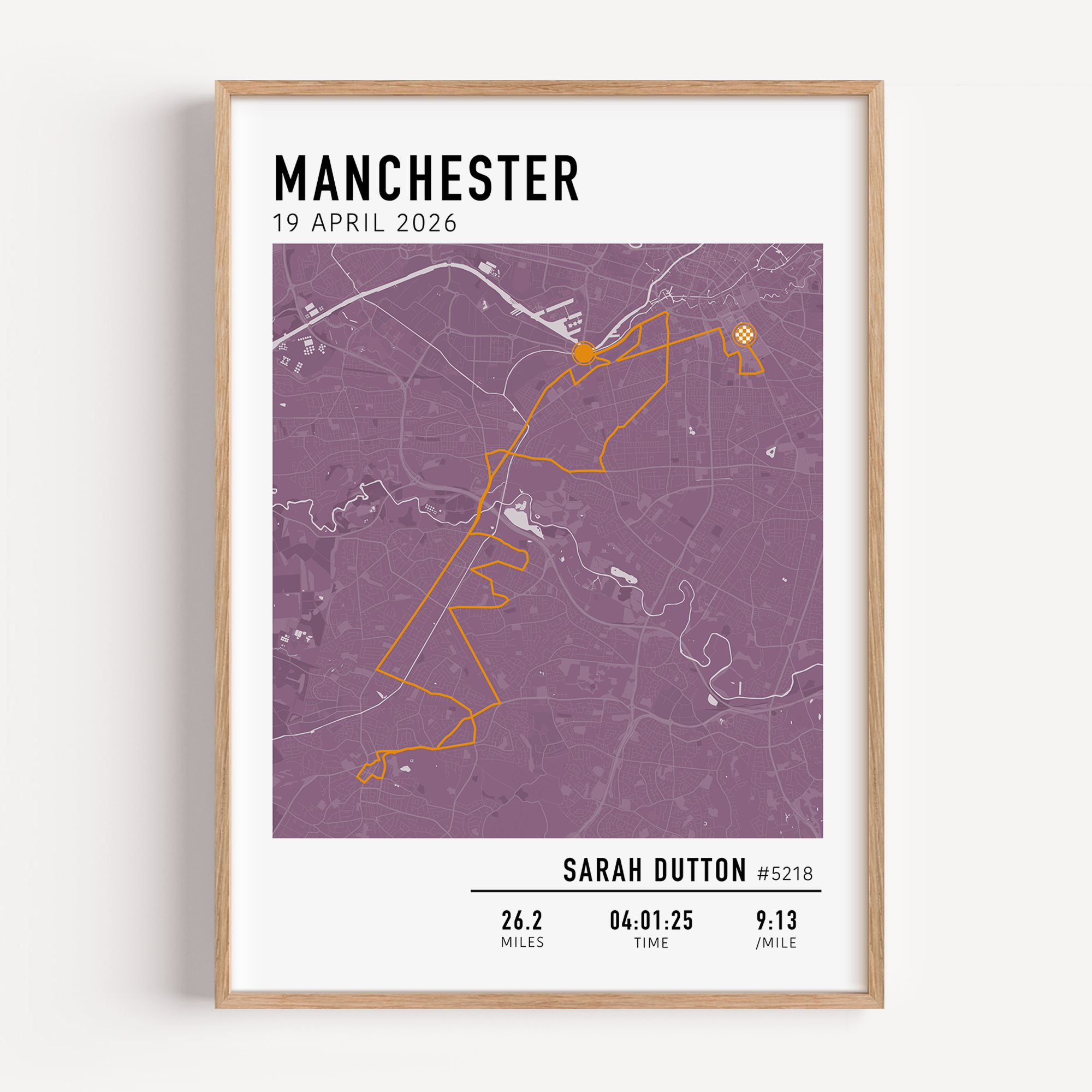 Personalised Manchester Marathon achievement print displaying the runner name, finish time, and official 5k split intervals.