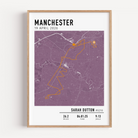 Personalised Manchester Marathon achievement print displaying the runner name, finish time, and official 5k split intervals.