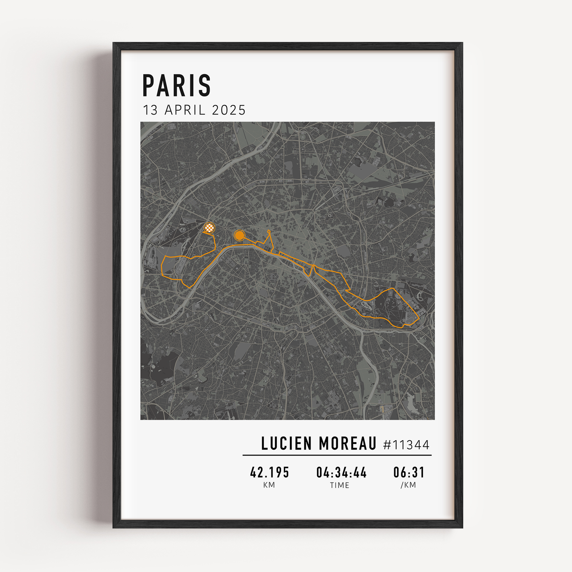 Marathon de Paris Print Gift for Runners Post Race Gift, framed Paris marathon route print with custom statistics and time. Showcase the marathon map poster