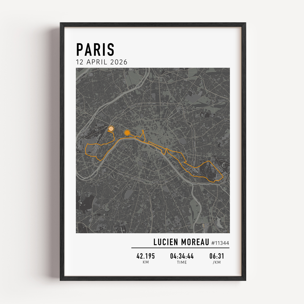 Marathon de Paris Print Gift for Runners Post Race Gift, framed Paris marathon route print with custom statistics and time. Showcase the marathon map poster