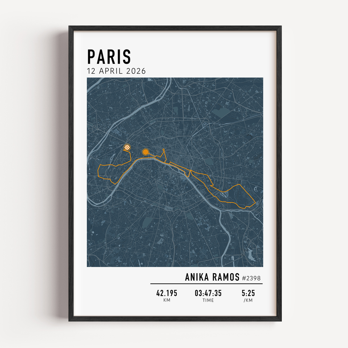 Marathon de Paris Print Gift for Runners Post Race Gift, framed Paris marathon route print with custom statistics and time. Showcase the marathon map poster