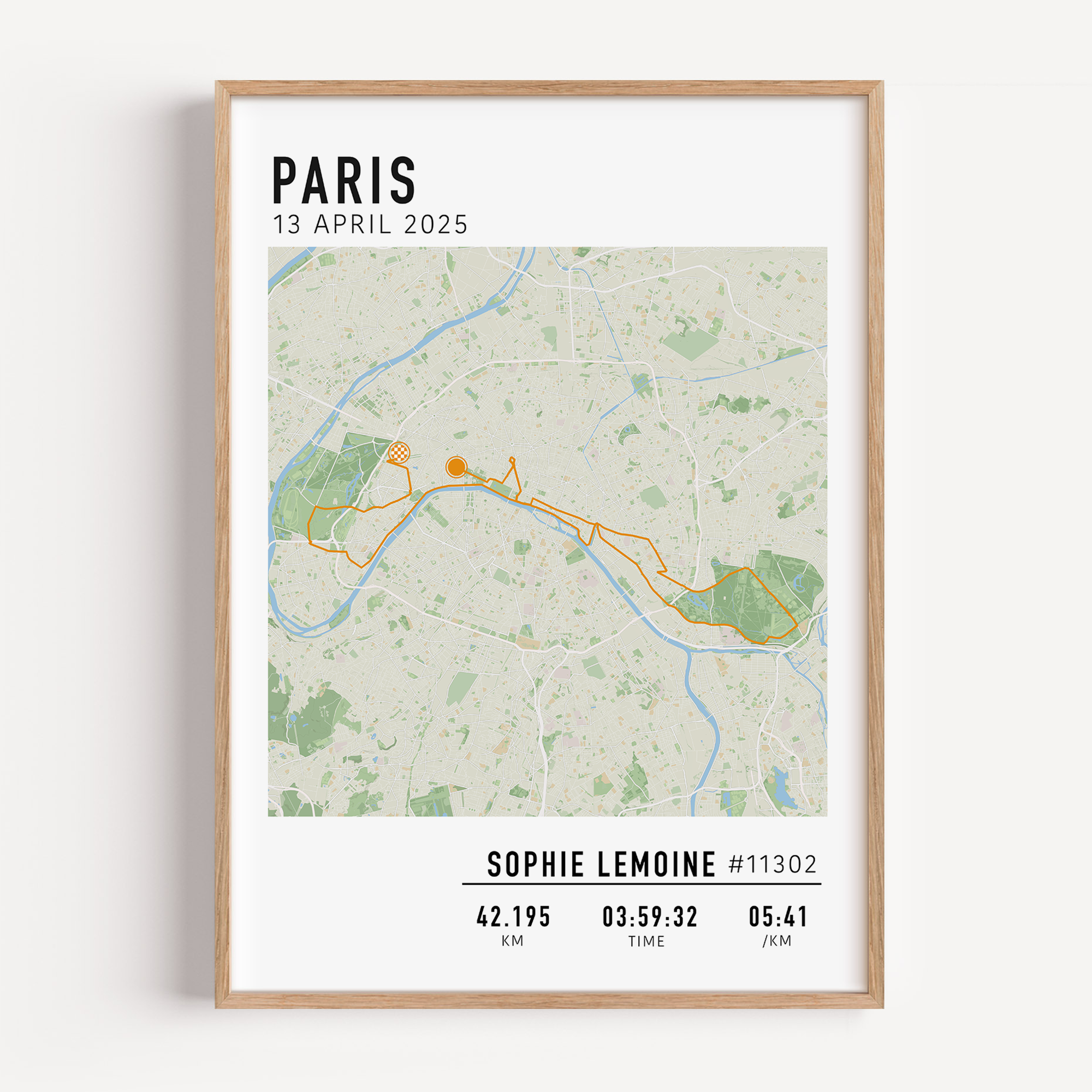 Marathon de Paris Print Gift for Runners Post Race Gift, framed Paris marathon route print with custom statistics and time. Showcase the marathon map poster
