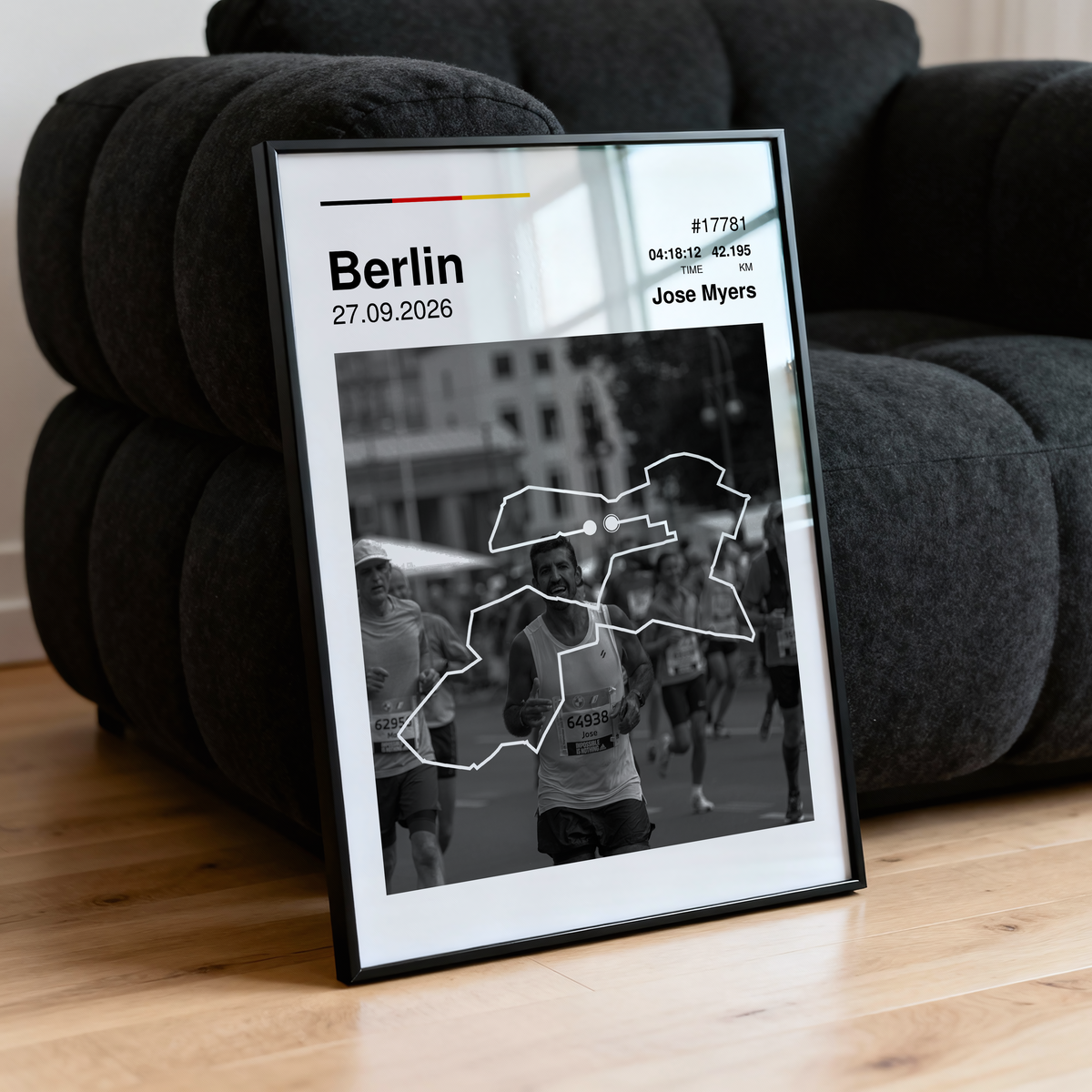 Custom Berlin Marathon finisher poster featuring a personalized runner photo, a white route map overlay, personalized race stats, and German flag colors.