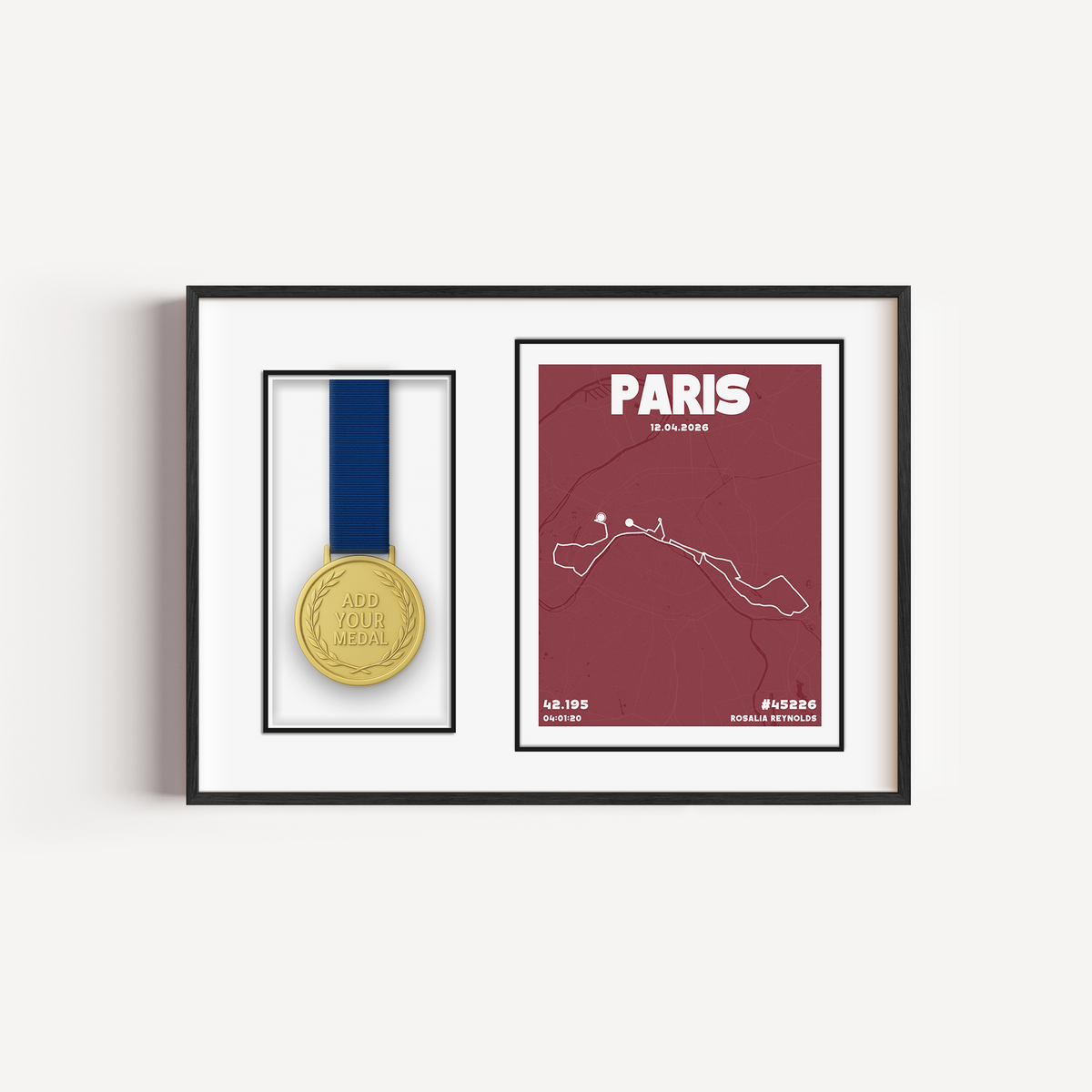 paris marathon medal display frame of any marathon or run, showing the course and all stats from the run with a place for the medal to be displayed