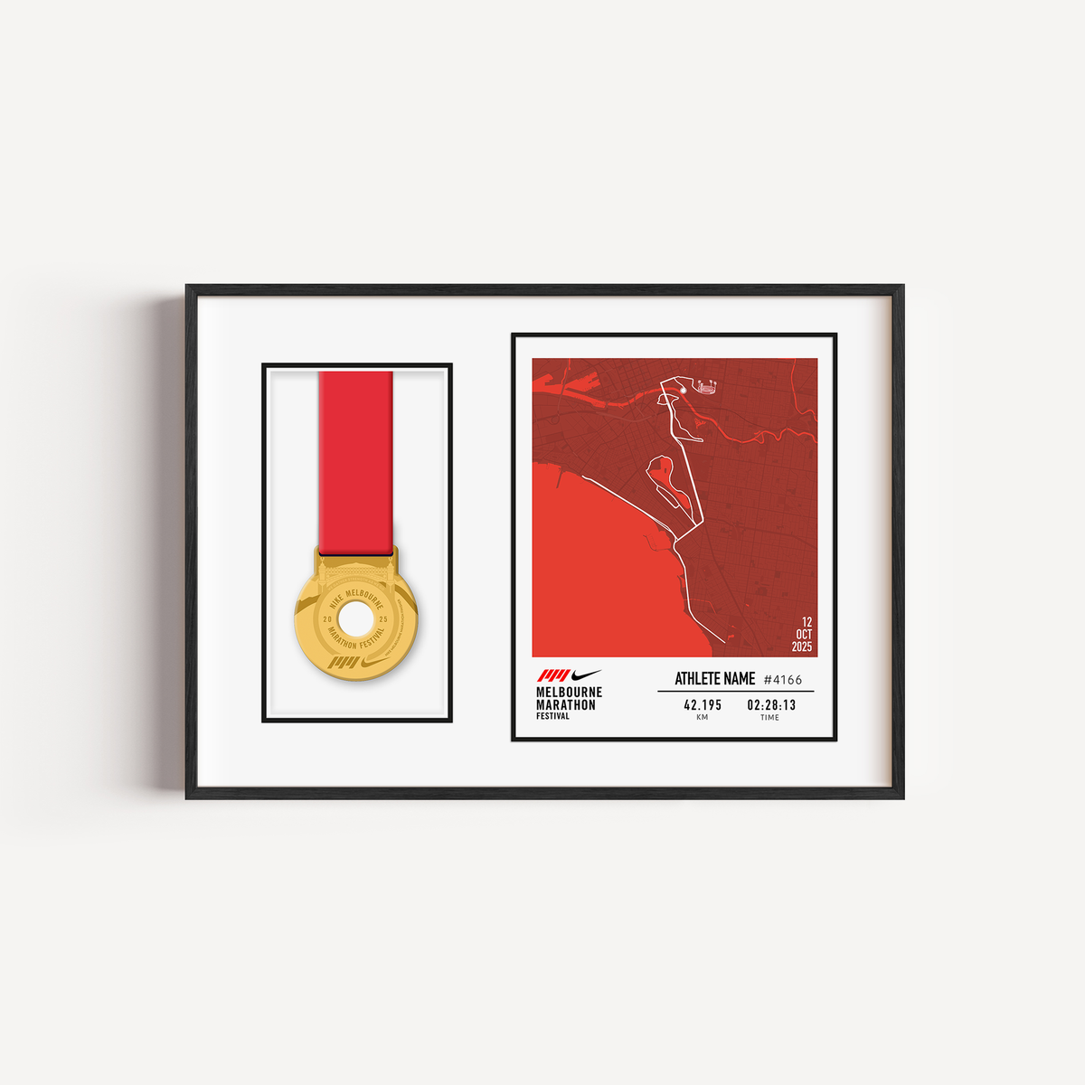 Celebrate your run with the Official 2025 Melbourne Marathon Medal Display Frame, featuring a personalised print of the full race course to the MCG alongside your name, bib number, and finish time—professionally framed beside your finisher’s medal in a sleek commemorative design.