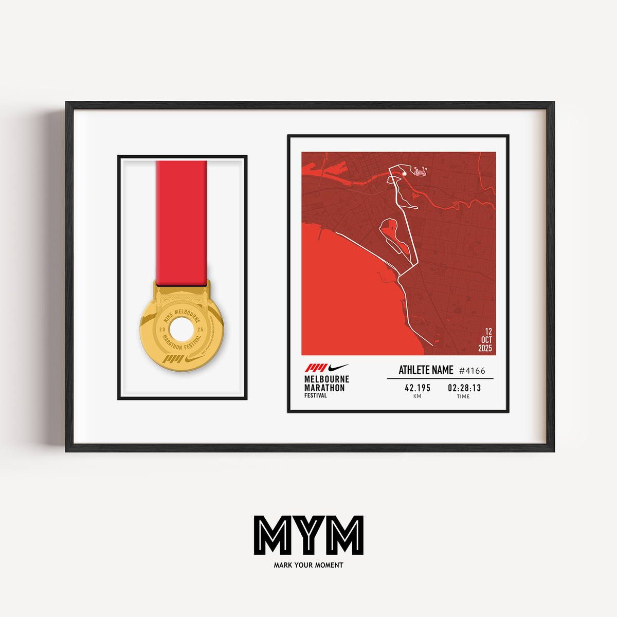Celebrate your run with the Official 2025 Melbourne Marathon Medal Display Frame, featuring a personalised print of the full race course to the MCG alongside your name, bib number, and finish time—professionally framed beside your finisher’s medal in a sleek commemorative design.