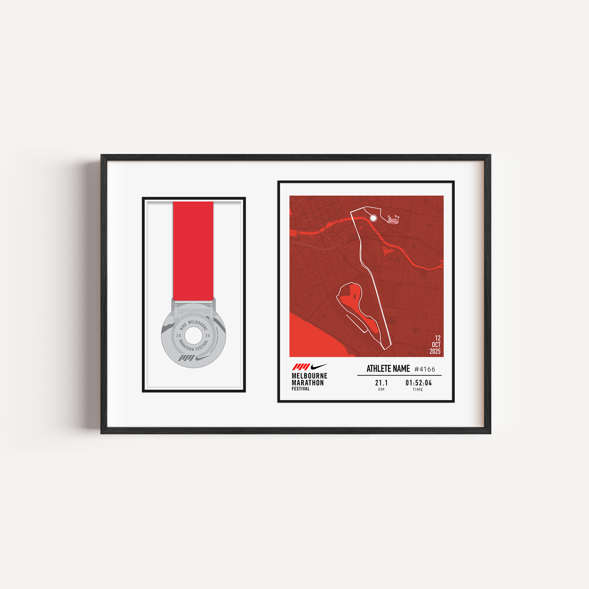 Melbourne Half Marathon Frame with Medal Display Frame, custom route of your marathon, stats and time