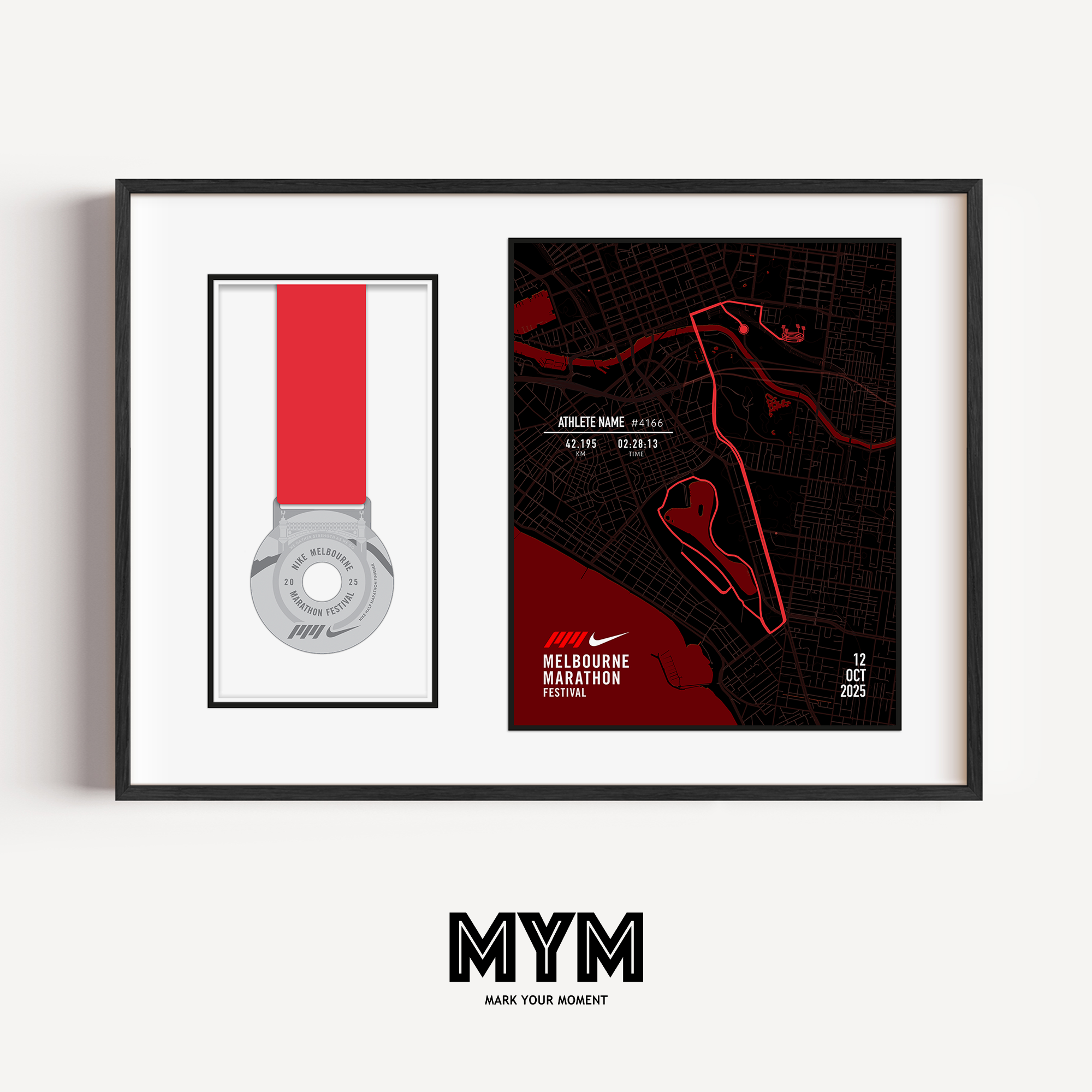 Celebrate your run with the Official 2025 Melbourne Half Marathon Medal Display Frame, featuring a personalised print of the full race course to the MCG alongside your name, bib number, and finish time—professionally framed beside your finisher’s medal in a sleek commemorative design.