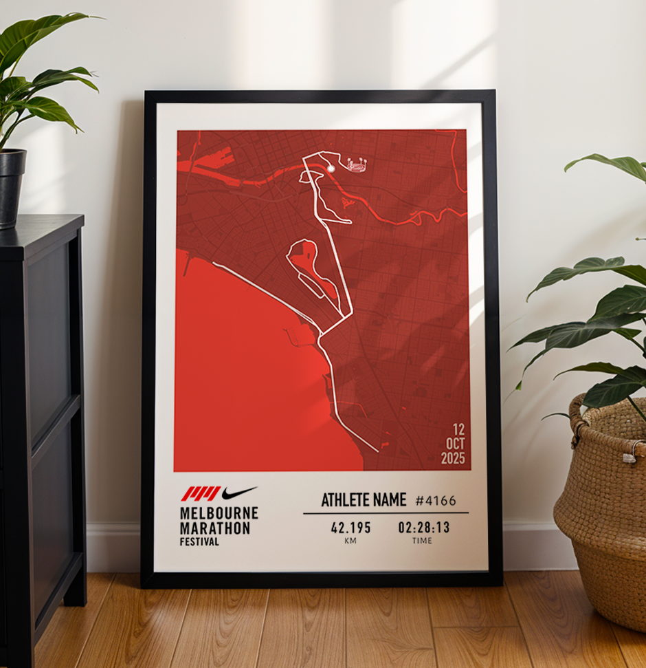 Celebrate your run with the Official 2025 Melbourne Marathon personalised print, featuring the full race course to the MCG alongside your name, bib number, and finish time—beautifully displayed next to your finisher’s medal in a modern commemorative frame.