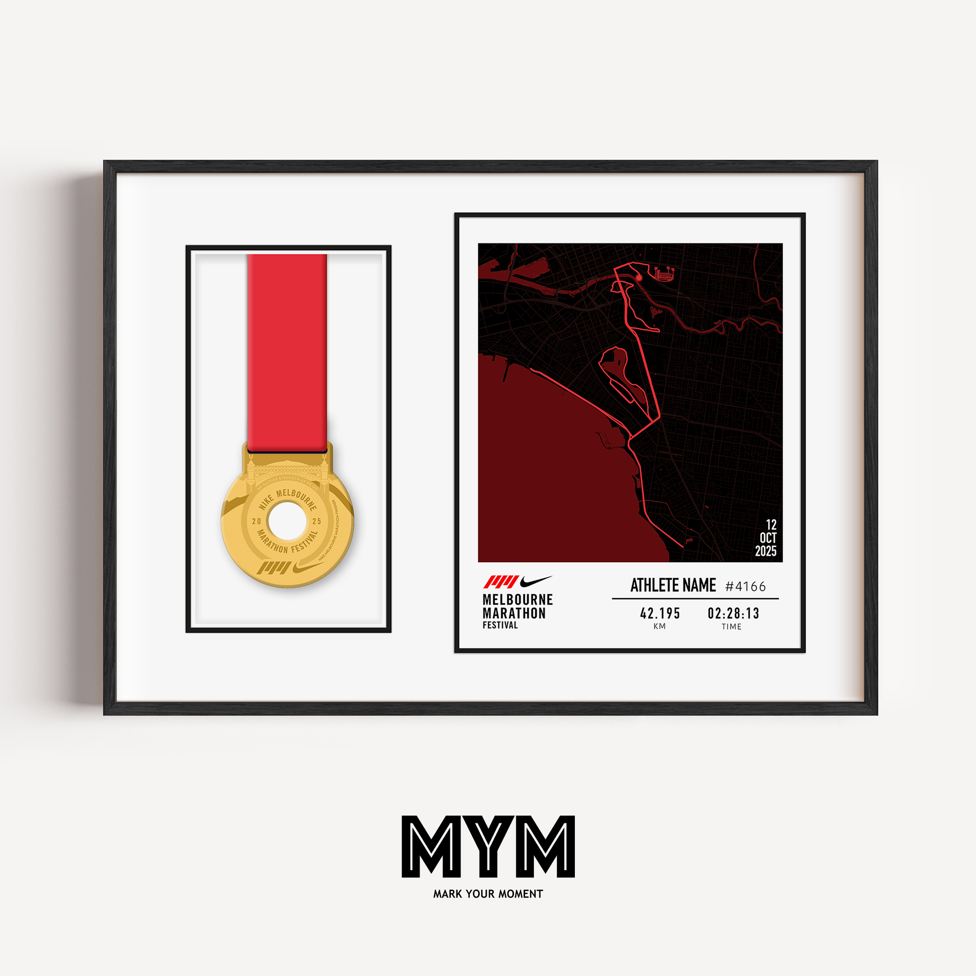Celebrate your run with the Official 2025 Melbourne Marathon Medal Display Frame, featuring a personalised print of the full race course to the MCG alongside your name, bib number, and finish time—professionally framed beside your finisher’s medal in a sleek commemorative design.