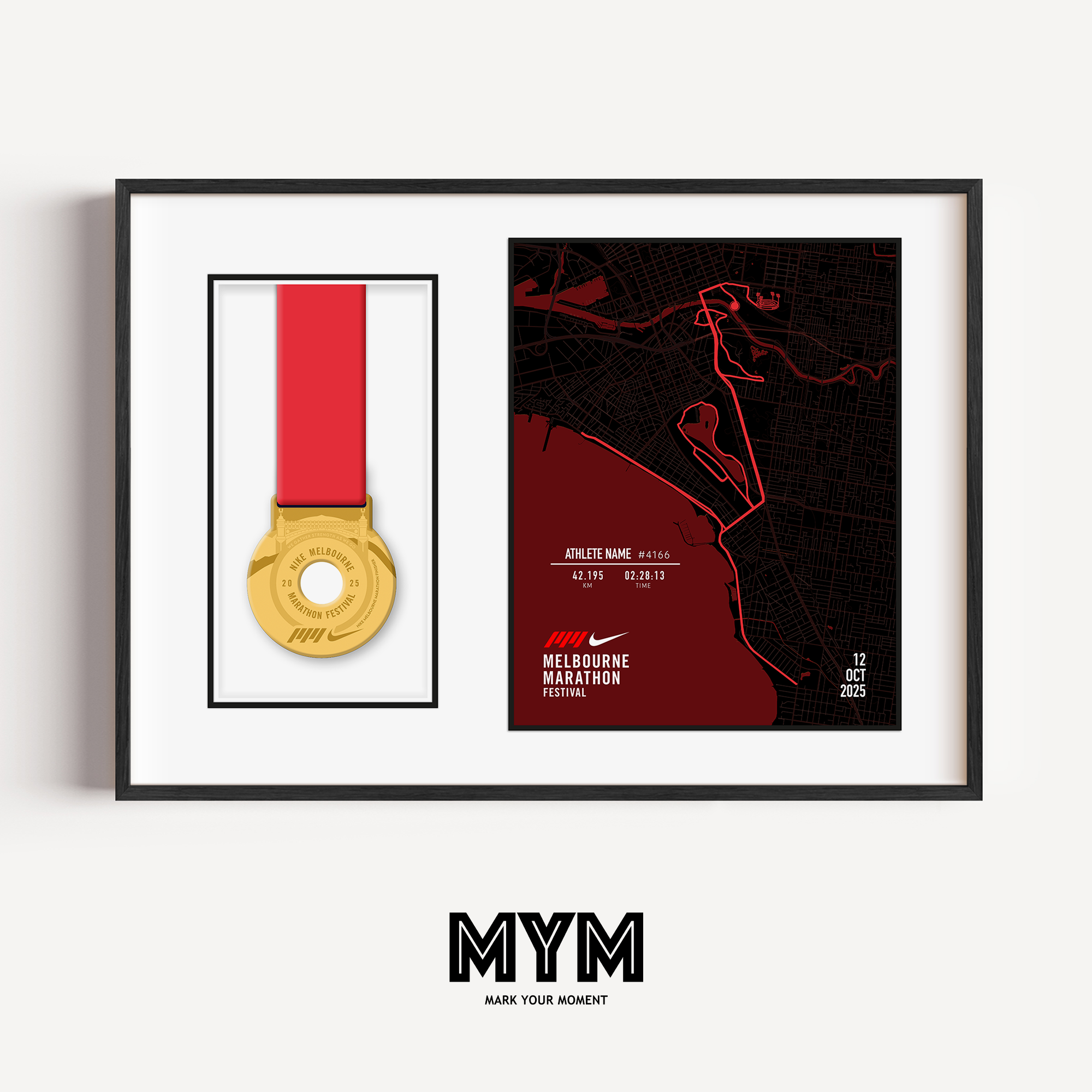 Celebrate your run with the Official 2025 Melbourne Marathon Medal Display Frame, featuring a personalised print of the full race course to the MCG alongside your name, bib number, and finish time—professionally framed beside your finisher’s medal in a sleek commemorative design.