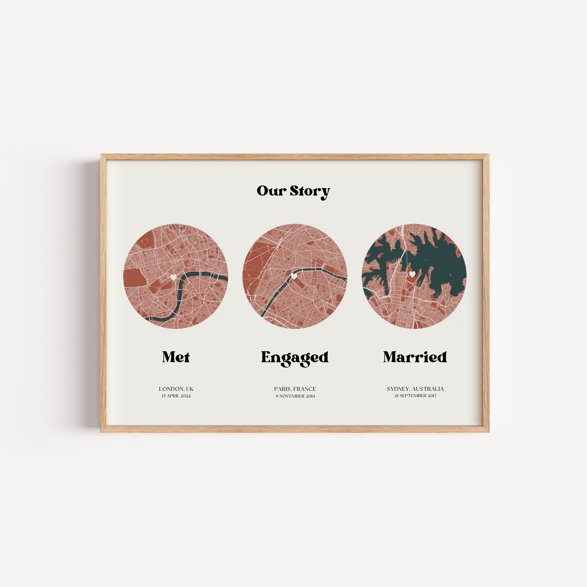 Personalised Our Story map print showing custom locations and milestone moments including where we met, engaged and married.