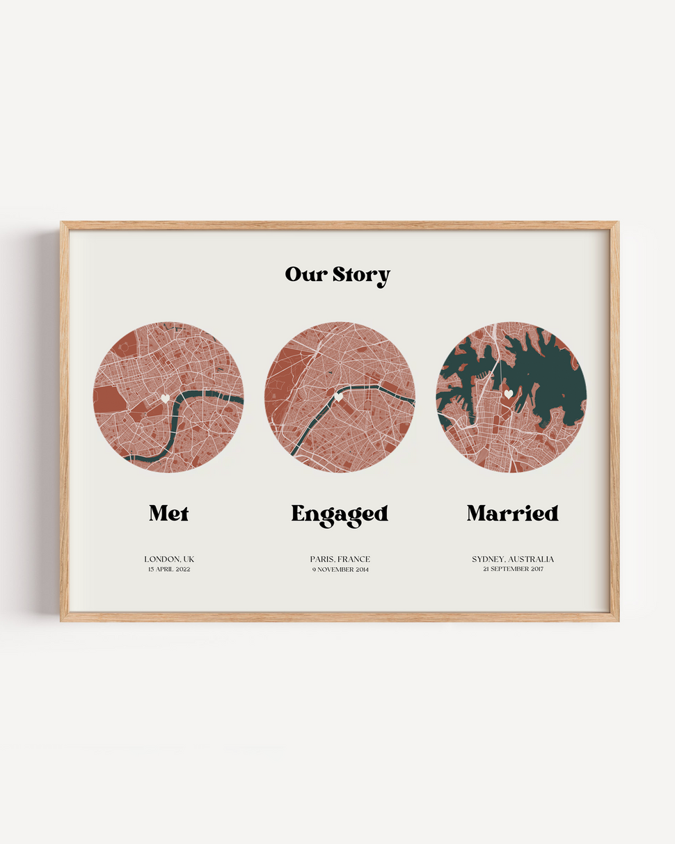 Personalised Our Story map print showing custom locations and milestone moments including where we met, engaged and married.