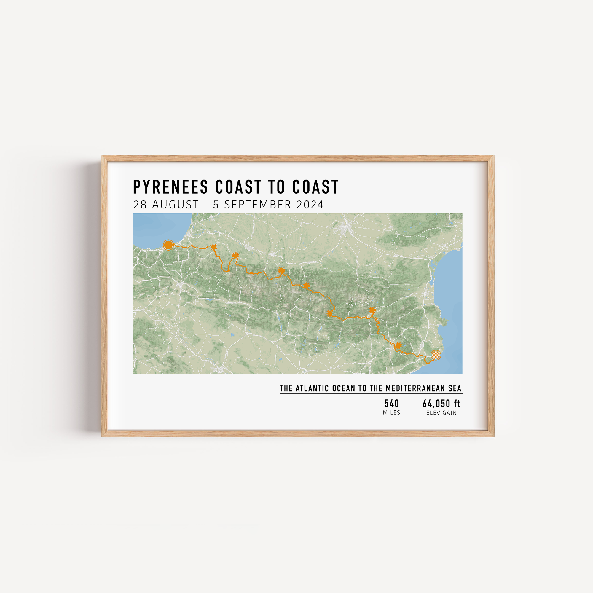 Multi-day bike ride wall art with custom route, elevation, and stats