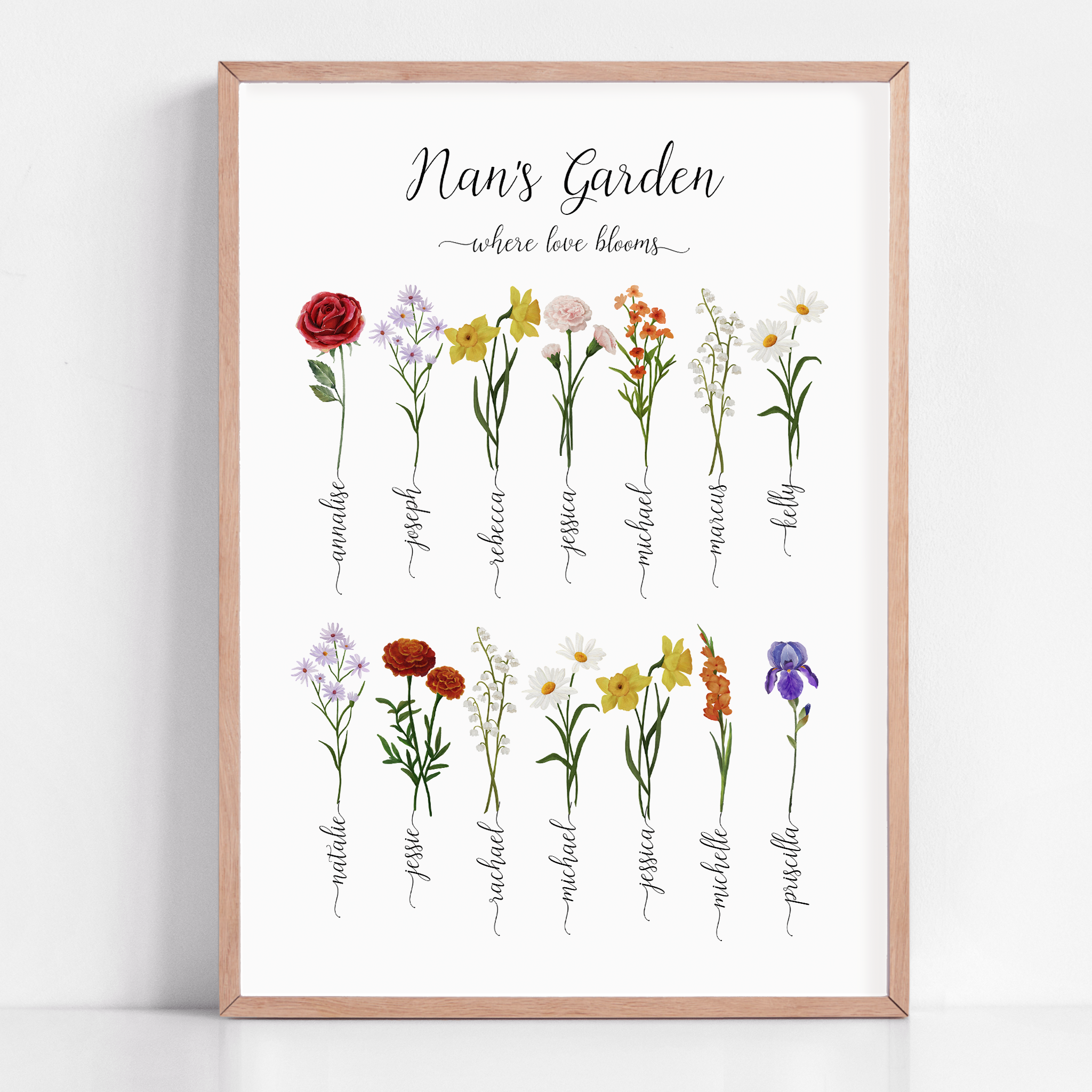A beautiful framed print titled "Grandma's Garden," featuring delicate illustrations of birth month flowers representing each grandchild, creating a heartfelt and personalized gift for Grandma.