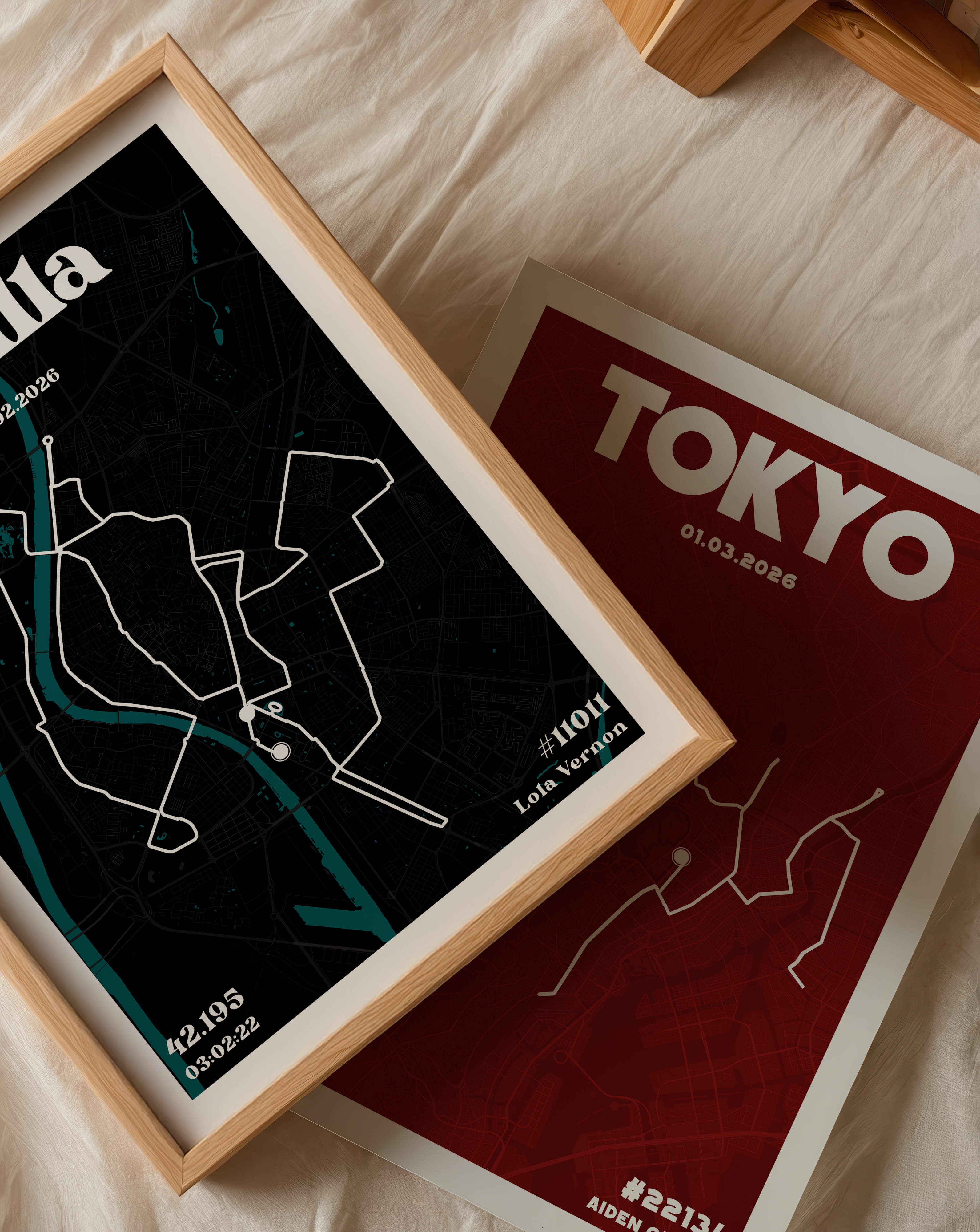 Framed Sevilla and Tokyo Marathon from the Urban range, featuring a detailed city grid and a specific race route. The design includes a bold city name at the top and customisable runner data such as name, time, and distance at the bottom.