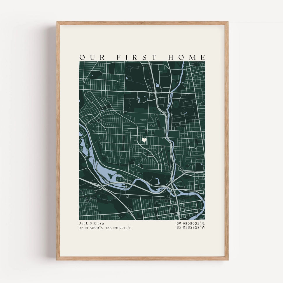 Close up of personalized home location map print featuring custom wording and detailed street design