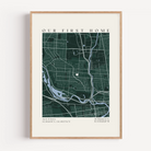 Close up of personalized home location map print featuring custom wording and detailed street design