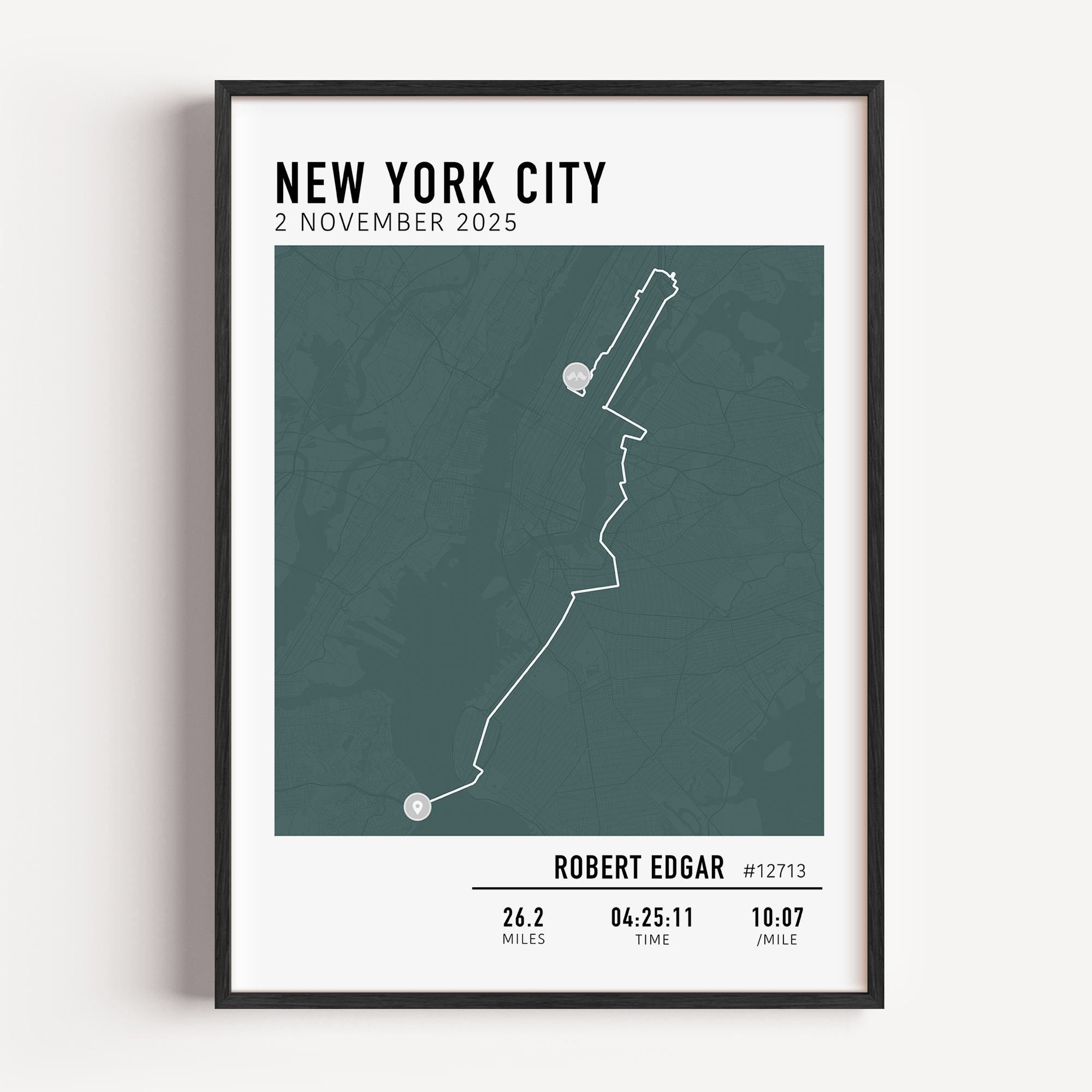 Framed map print of New York City Marathon with personalized details on a white background