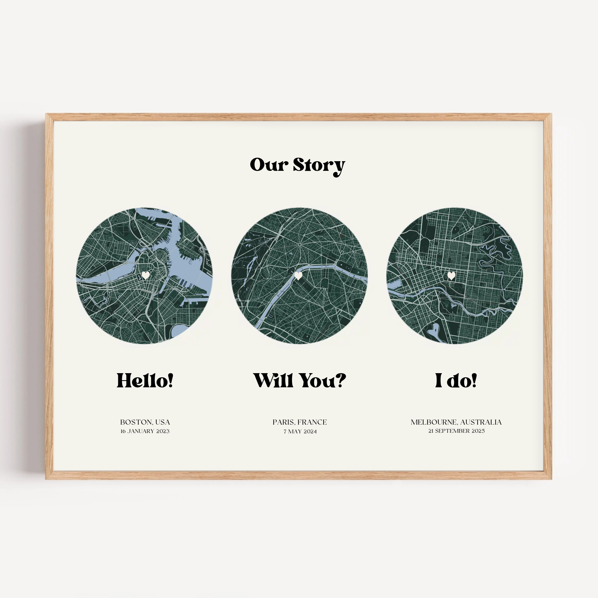 Personalised wedding gift print featuring Hello, Will You and I Do milestones with modern, elegant typography.