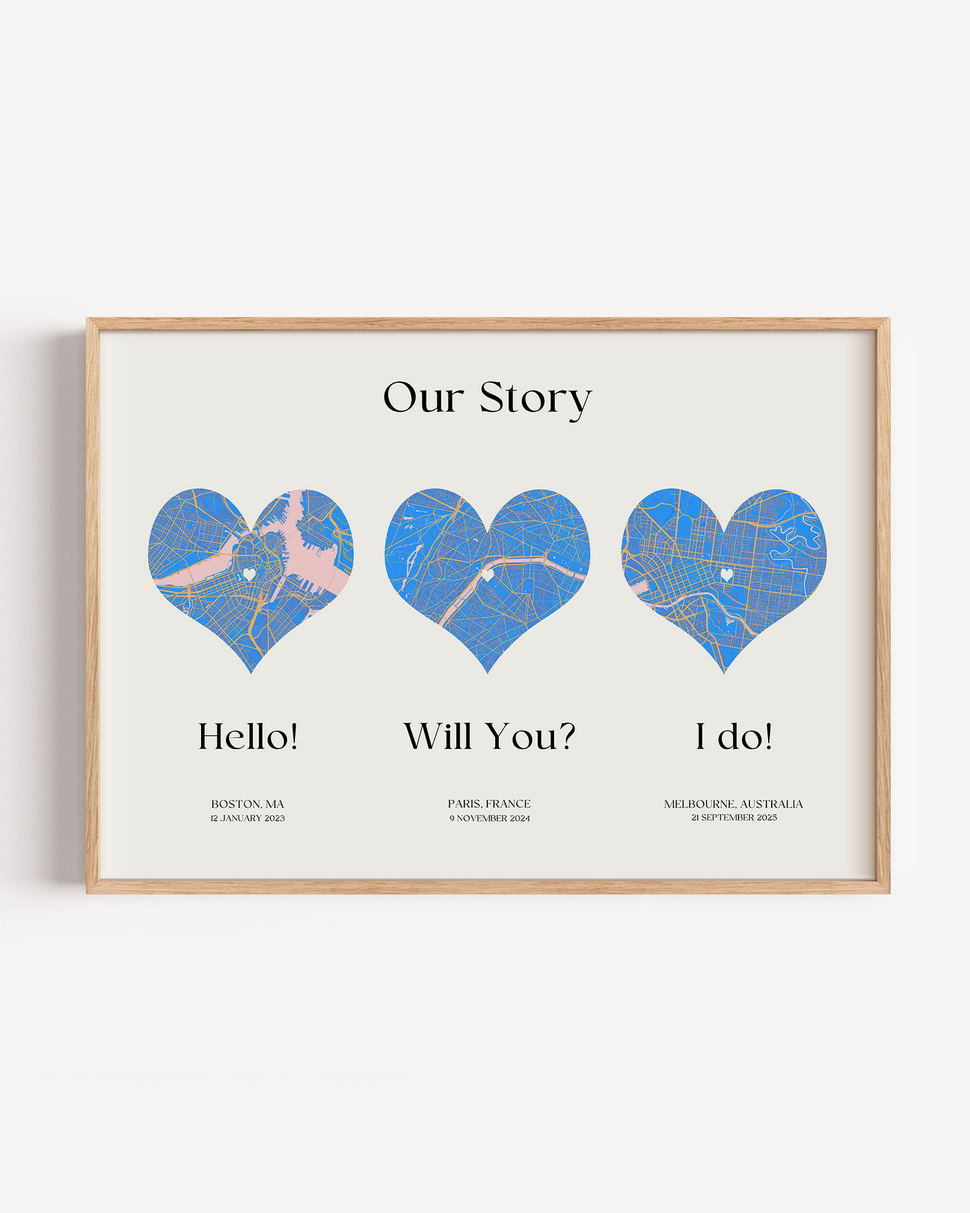 Custom anniversary map print designed with meaningful dates and locations, perfect for a paper anniversary or wedding gift.