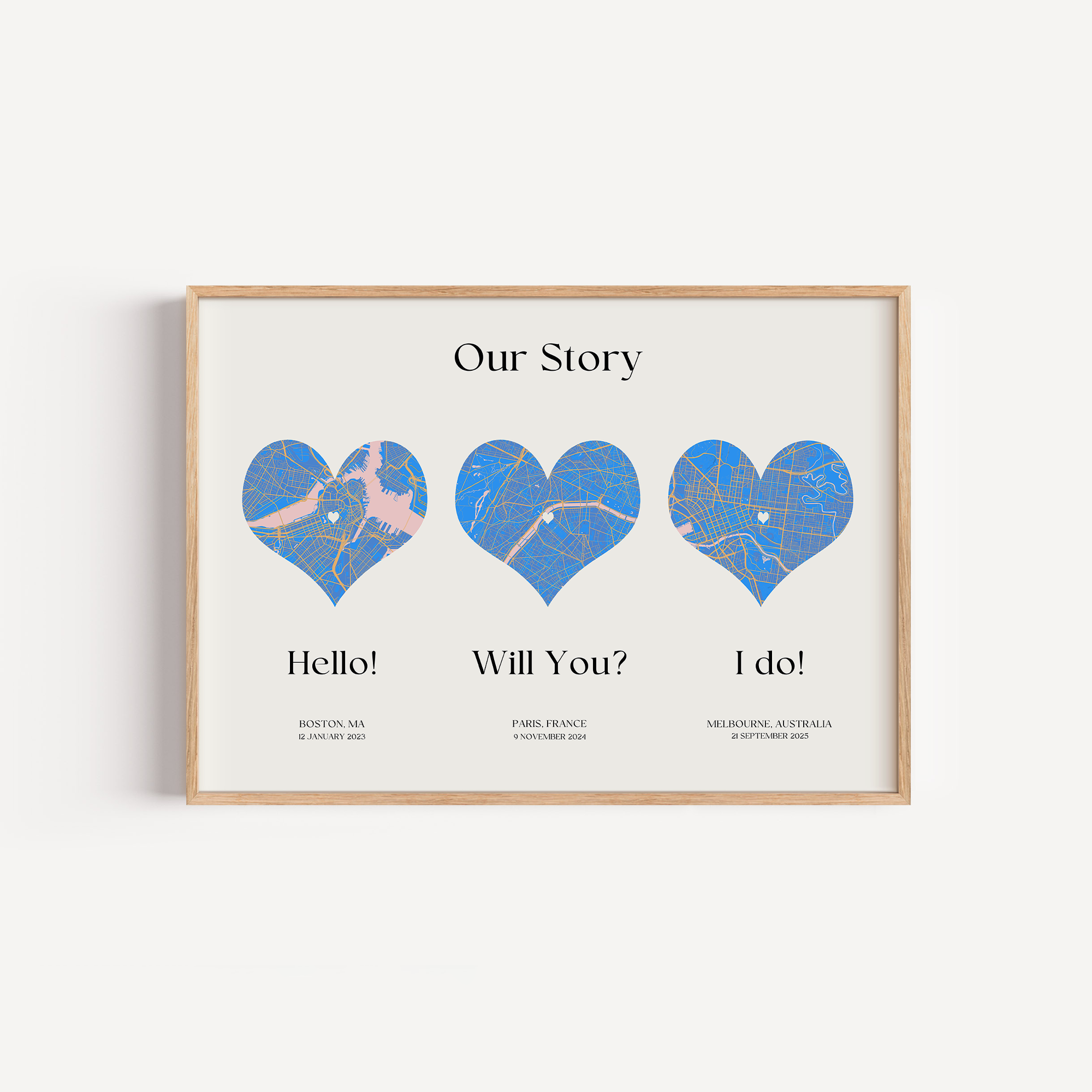 Custom anniversary map print designed with meaningful dates and locations, perfect for a paper anniversary or wedding gift.