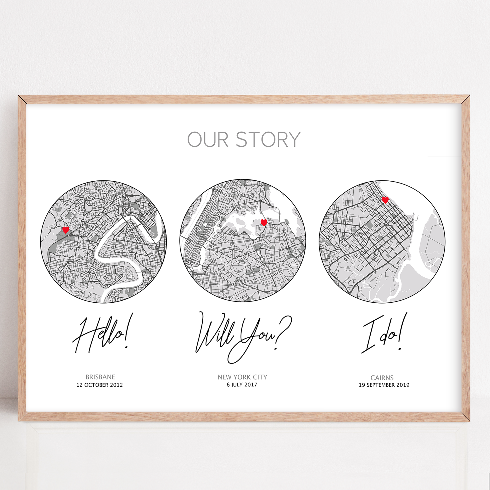our story paper anniversary gift framed print of when you met, engaged and married