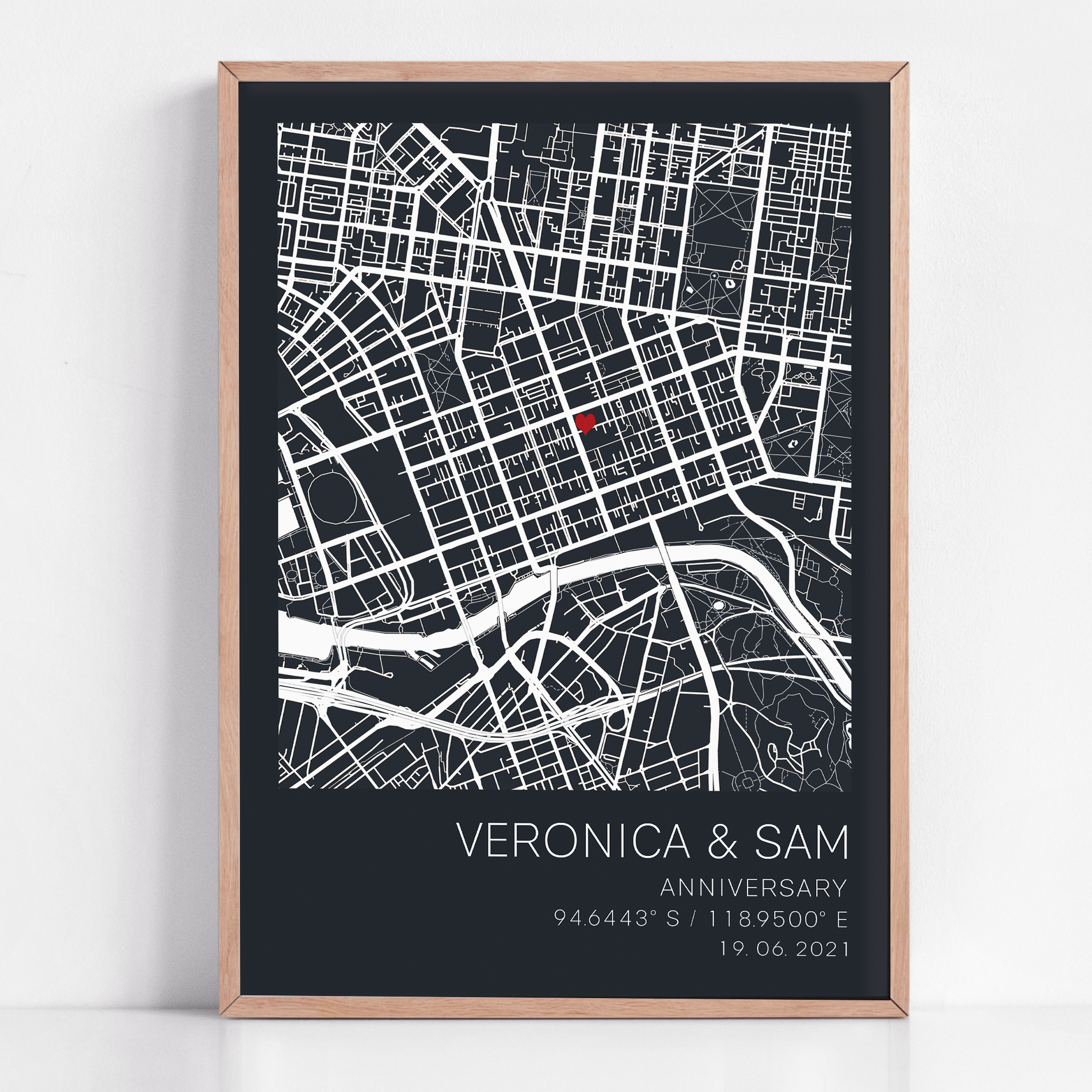 A custom anniversary gift framed with coordinate map
