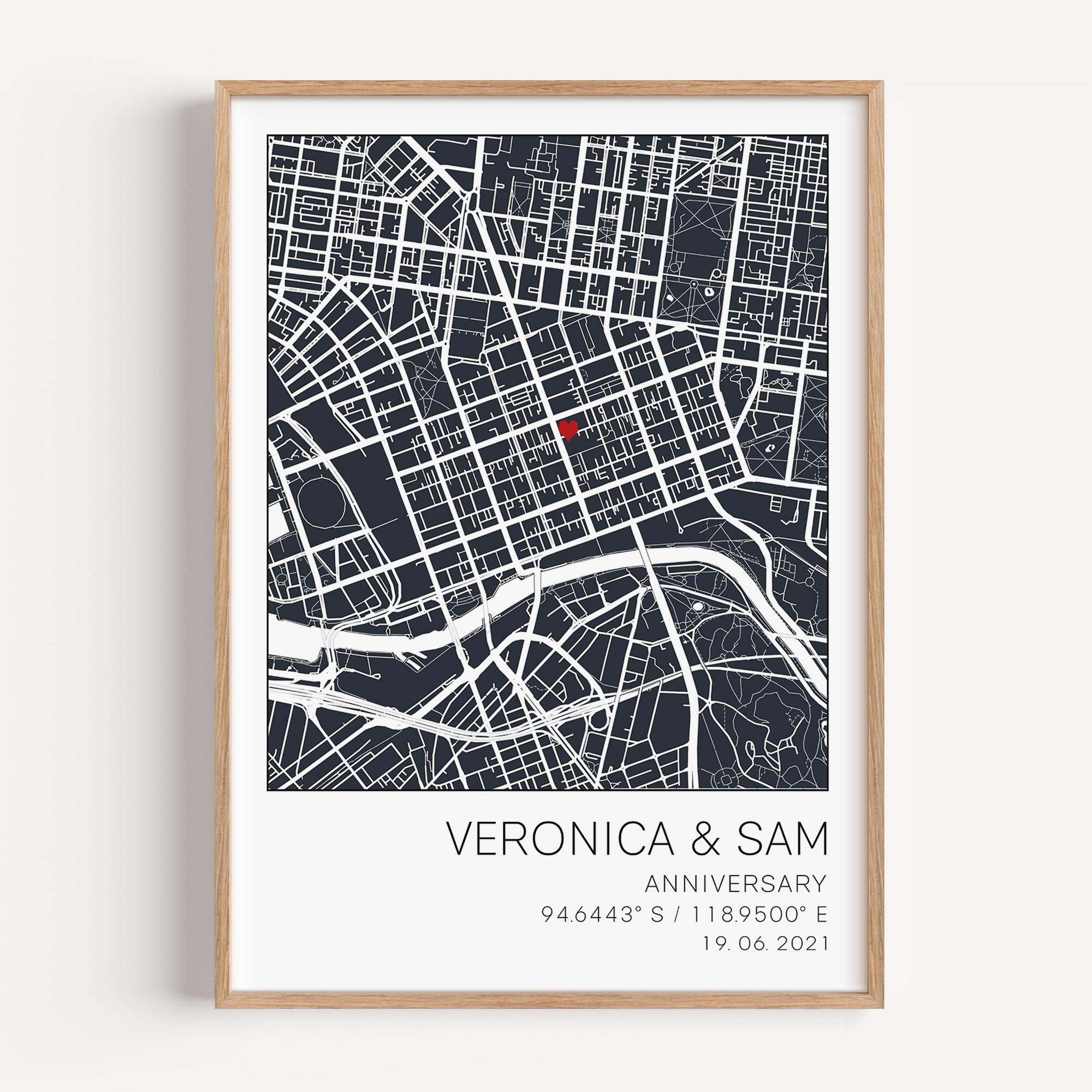 "Framed 5-year anniversary custom map print featuring the location where the couple met, married, or lived, with personalized names, date, and heartfelt message—celebrating five years of shared memories and journey together.