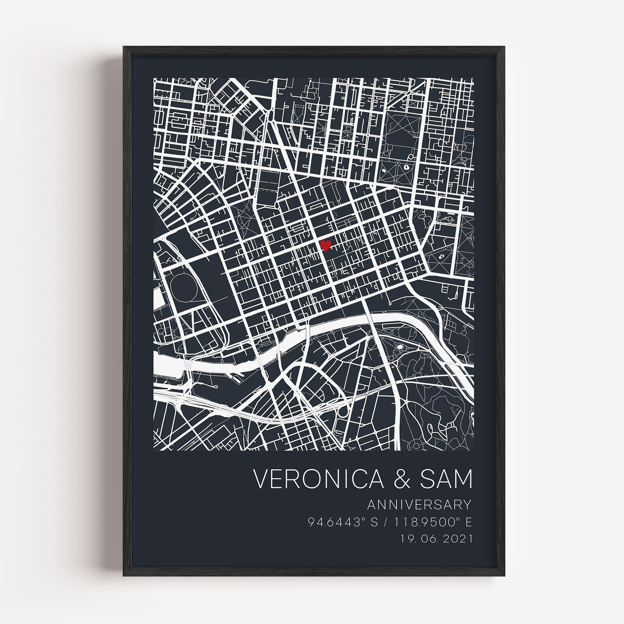 Custom anniversary map print showing a heart-shaped map centered on a meaningful location, marked with geographic coordinates and personalized names or date.