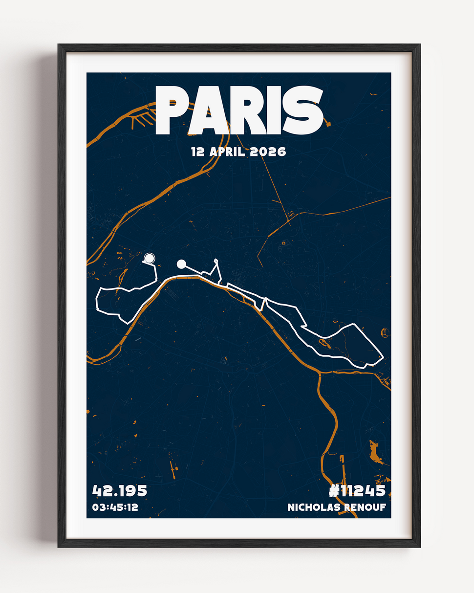 Modern Paris Marathon race map poster hanging on a white wall in a bright living room. The Urban style print shows the 42.195km route in white against a dark green map of Paris streets, serving as personalised home decor for a marathon finisher.
