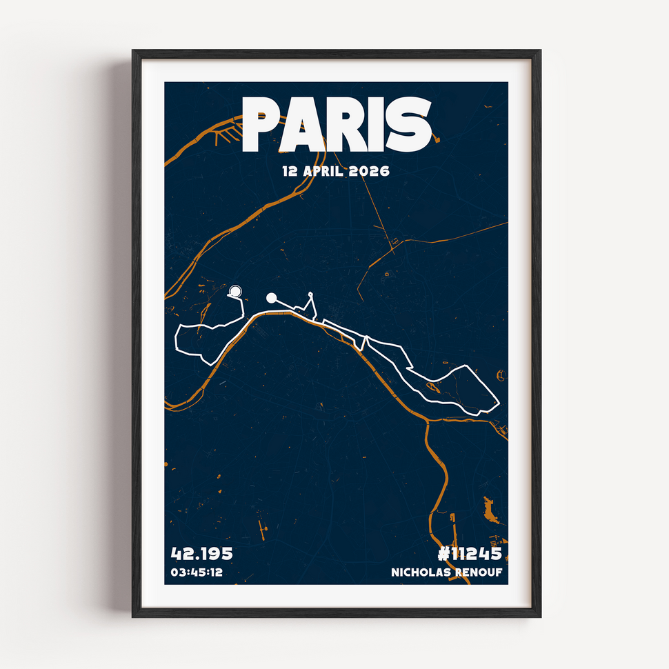 Modern Paris Marathon race map poster hanging on a white wall in a bright living room. The Urban style print shows the 42.195km route in white against a dark green map of Paris streets, serving as personalised home decor for a marathon finisher.