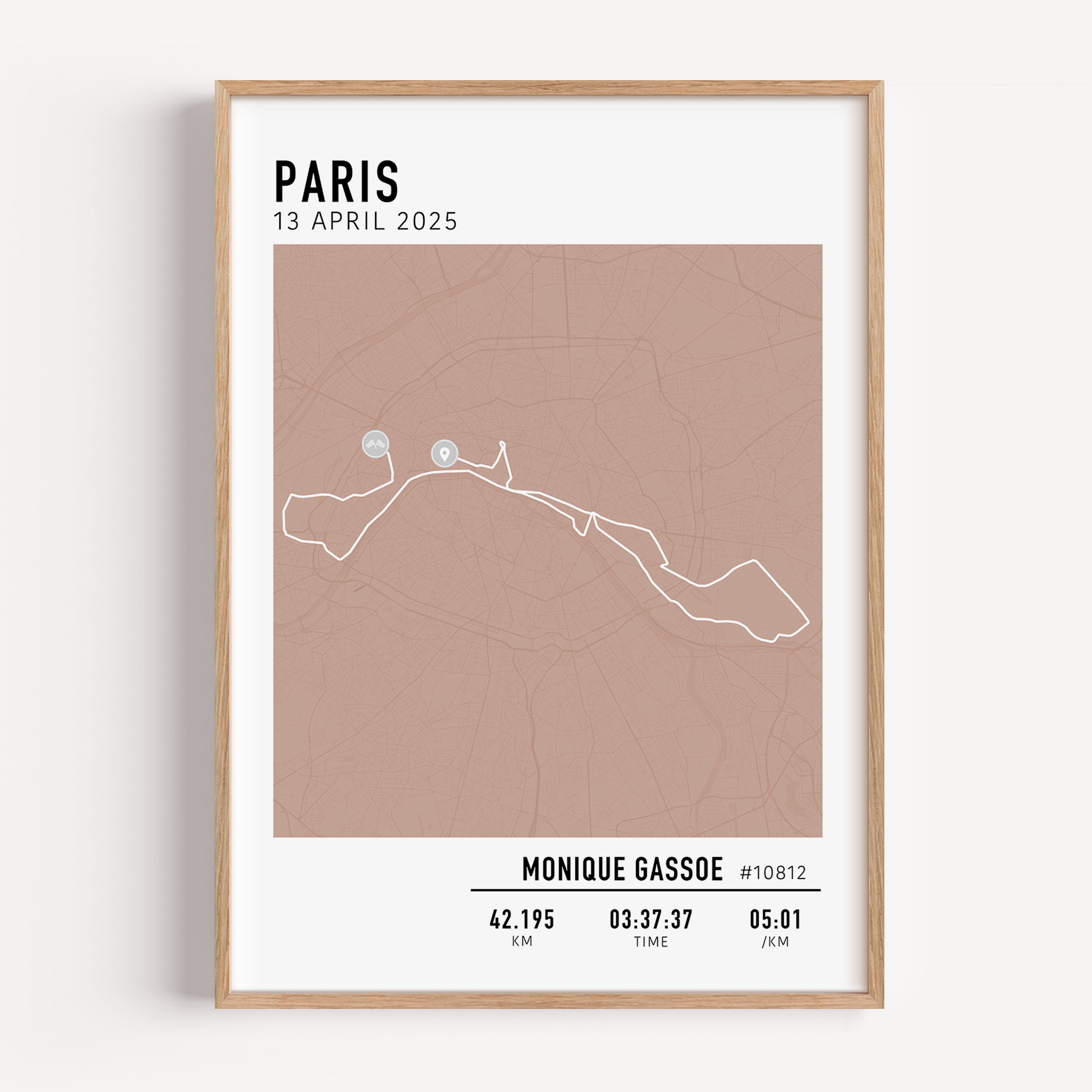 Framed custom art print of london marathon route, showing a minimalist line map of the running course with labeled start and finish points, event name, date, and distance.