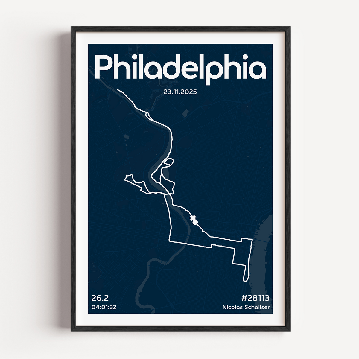 A custom Philadelphia Marathon commemorative print featuring a detailed map of the race route. The poster displays "Philadelphia" prominently at the top, with the runner’s personal achievements like finish time and name listed clearly at the base.