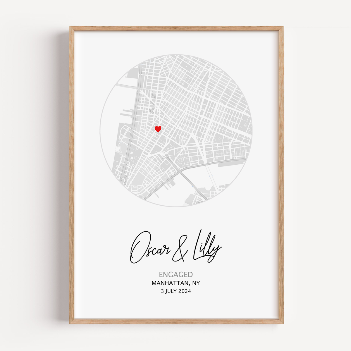 Personalized Engagement Circle Map Print featuring custom location, names, and date in a minimalist circular design, ideal engagement gift and wall décor.