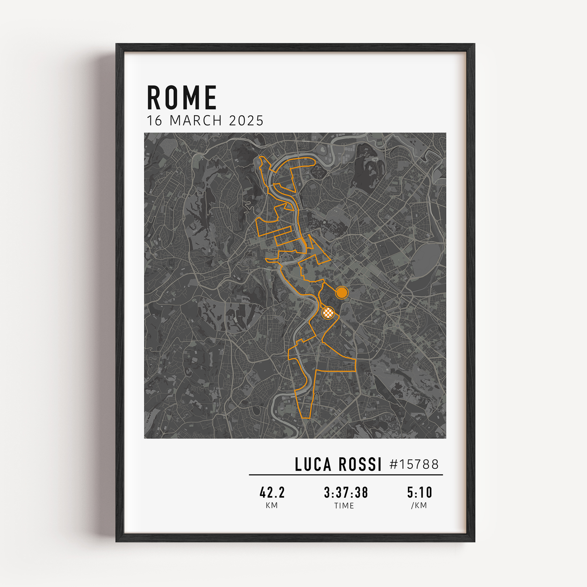 Rome Marathon Map Print Gift for Runners Post Race Gift, framed Rome marathon route print with custom statistics and time