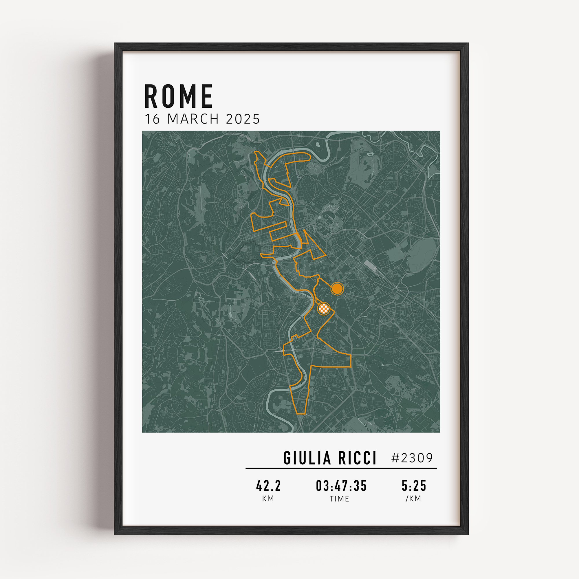 Rome Marathon Map Print Gift for Runners Post Race Gift, framed Rome marathon route print with custom statistics and time